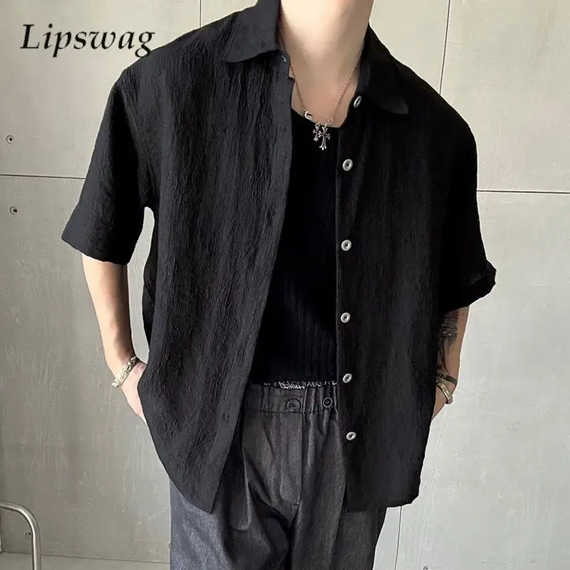 

Daily Leisure Breathable Mens Shirts Solid Color Short Sleeve Buttoned Lapel Shirt Tops Summer Vintage Men Cardigan Tops