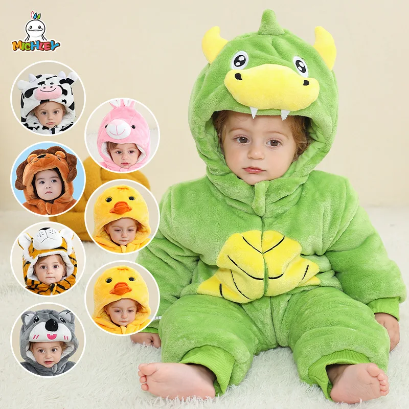 Newborn Boy Girls Animal Costumes Baby Jumpsuit Outfits Kid Cute Cartoon Flannel Baby Comfortable Rompers Stitch Pajamas