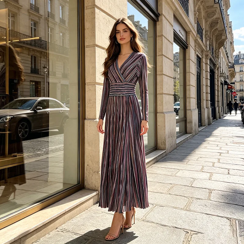 ZAMOR European American Vintage Pleated Contrast Stripe Pattern Waist Cinching Maxi Dress 2026 Summer New Women