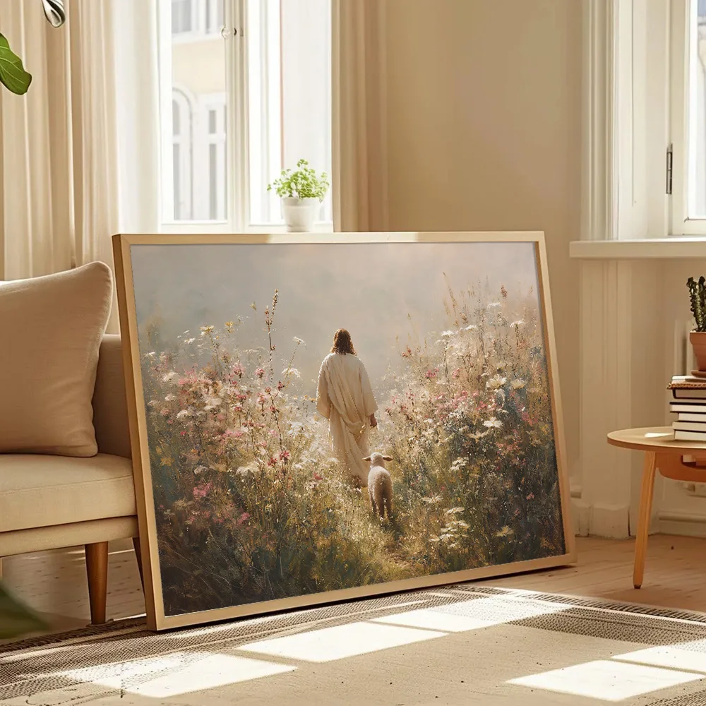 1pc Unframed Jesus Leaves the 99 Poster Good Shepherd Floral Christian Religious Wall Art Canvas Print Minimalist Decor Painting