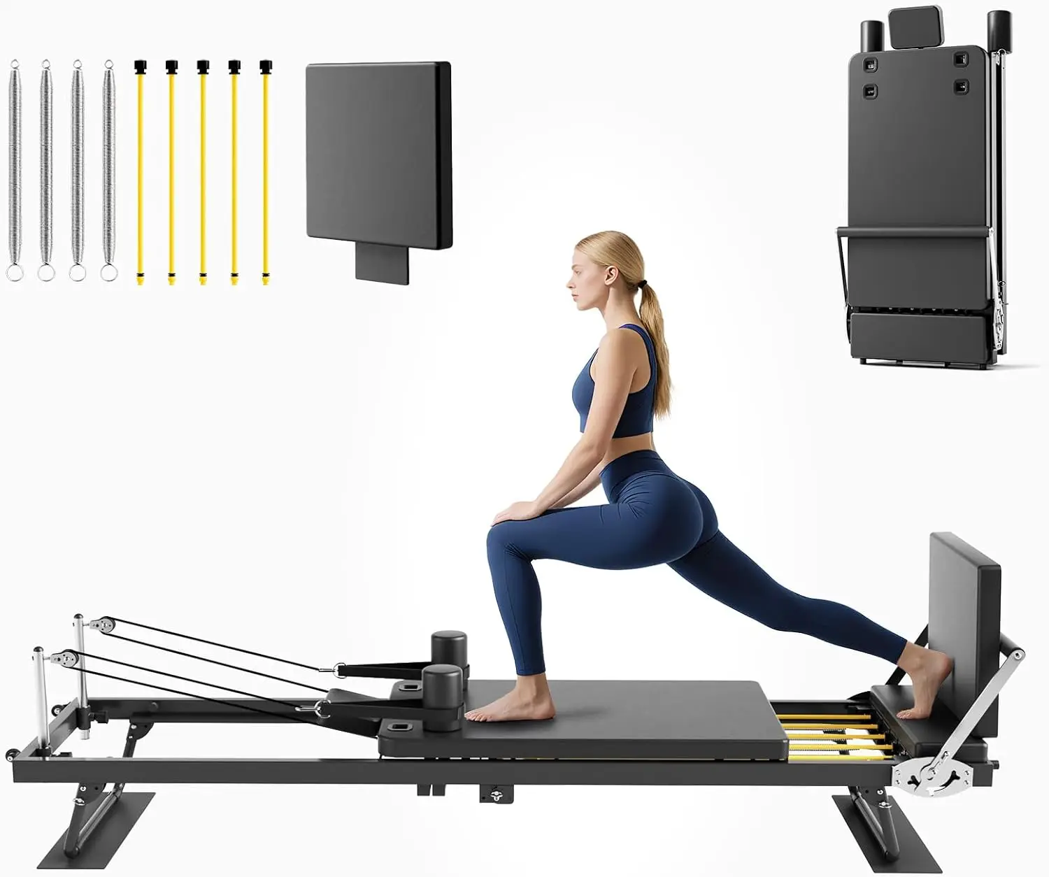 Foldable Pilates Reformer Machine, Home Gym Full Body Fitness Workout Equipment, Dual Resistance System Platform With Jumpboard, Modern Minimalist Style, Black Finish, 1 Set