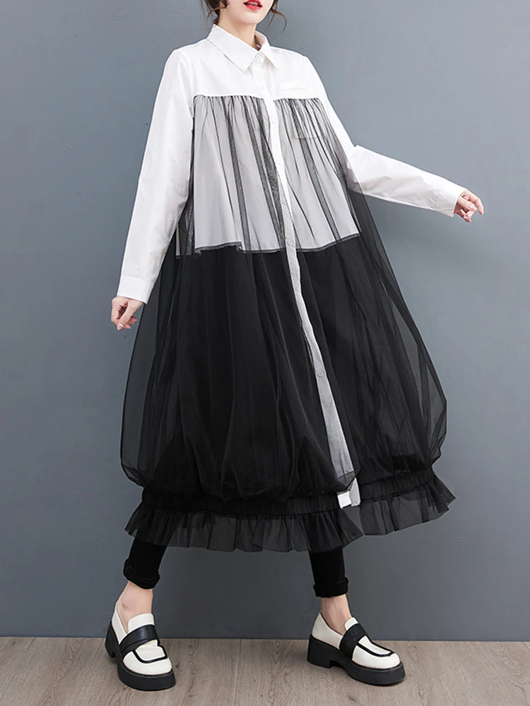 NYFS 2025 خريف جديد فضفاض حجم كبير فستان قميص عتيق رداء واحد الصدر شبكة المرقعة كم طويل فساتين حريمي