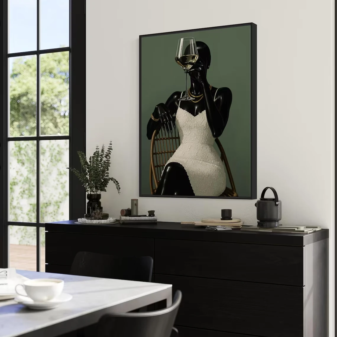 1pc Unframed Black Woman Holding Wine Afrocentric Canvas Poster Boho Luxury African Girl Bar Cart Trend Wall Art Painting