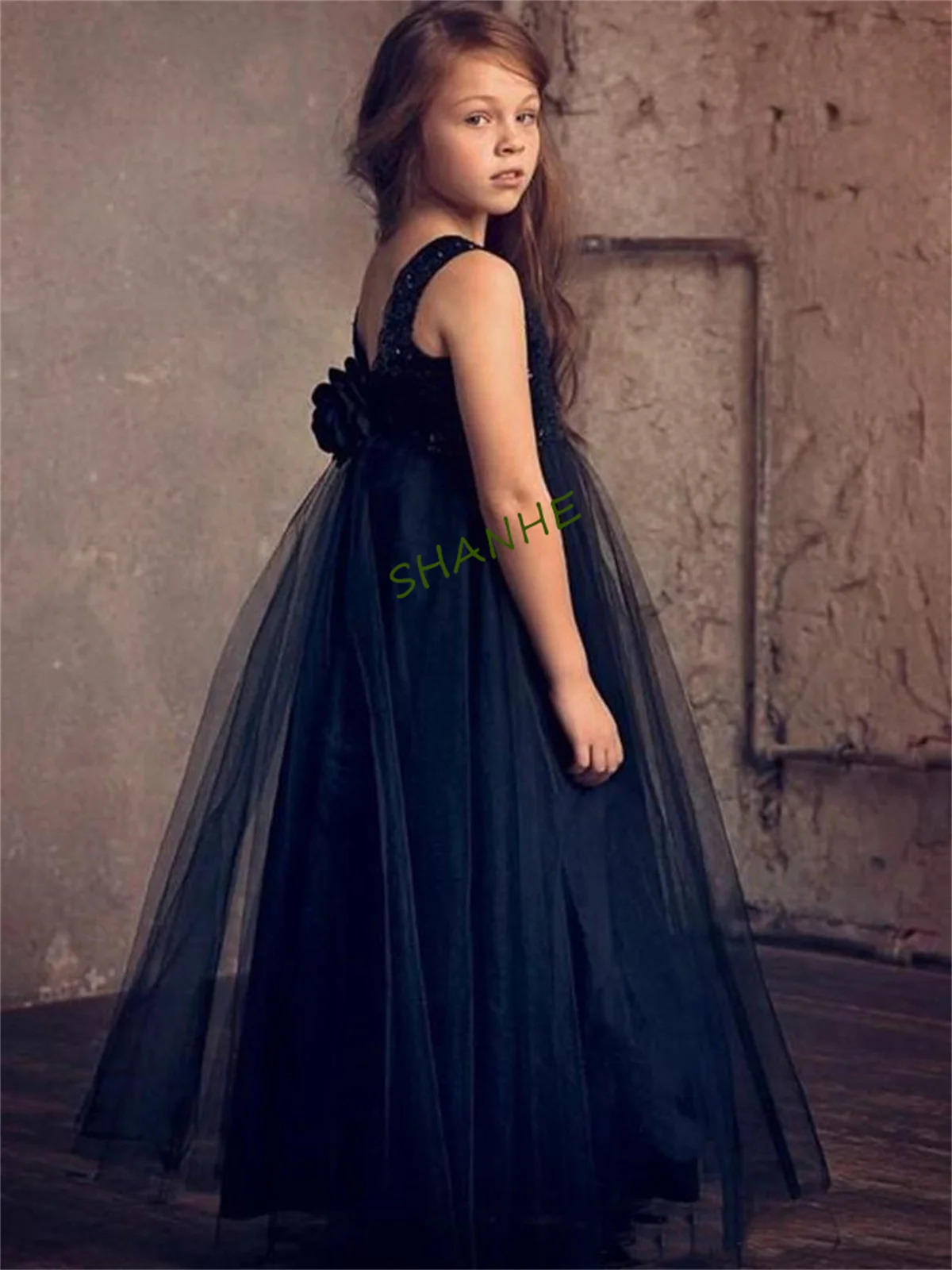 Ankle-Length With Ribbon Belt Mesh Ployster Tiered Girls Evening Prom Long Dress Flower Girls Dresses