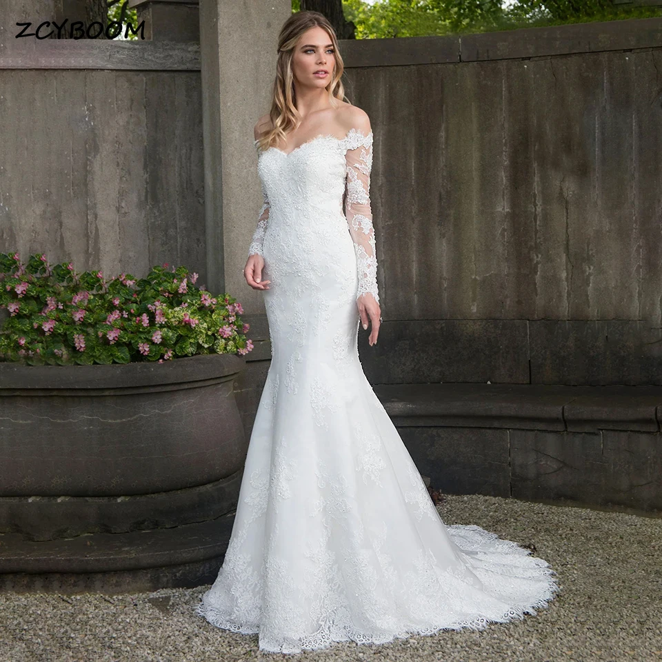 Elegant White Off The Shoulder Lace Appliques Mermaid Wedding Dress 2026 Sweetheart Long Sleeves Illusion Button Back Bride Gown
