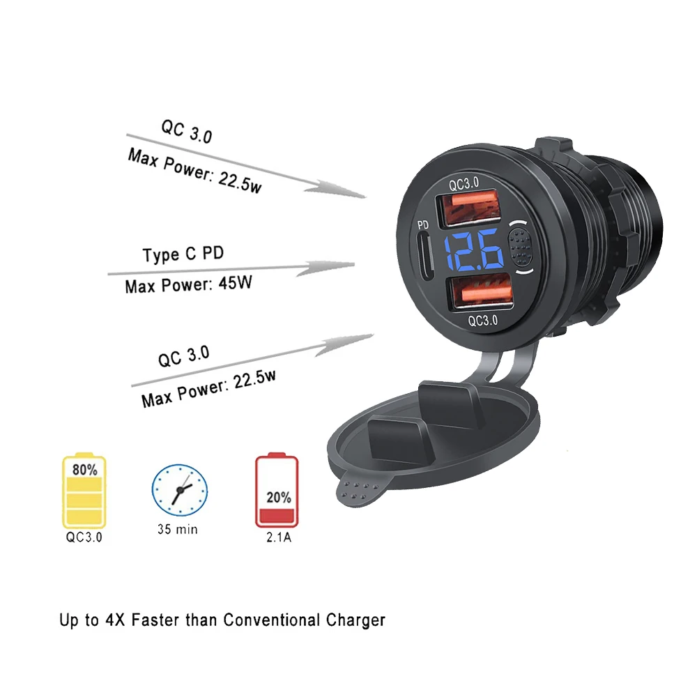 Three Ports Car Charger PD Dual QC3.0 USB Charger Socket with With Digital Voltmeter Button Switch 12V/24V for Motorcycle Car