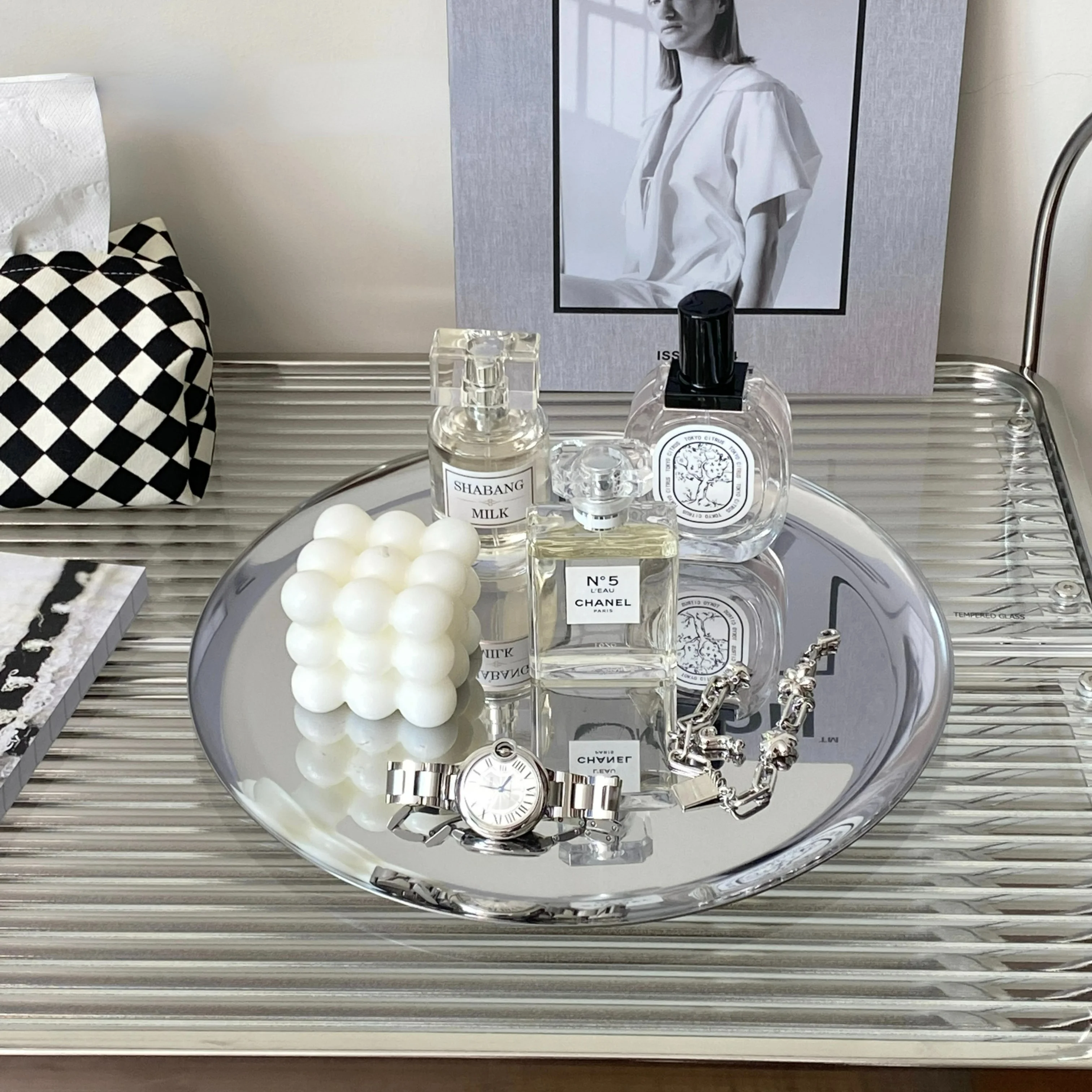 

Mirror Silver Tray High Sense Desktop Storage Tray Cosmetics Jewelry Sundry Key Stainless Steel Storage Box Decorative Tray