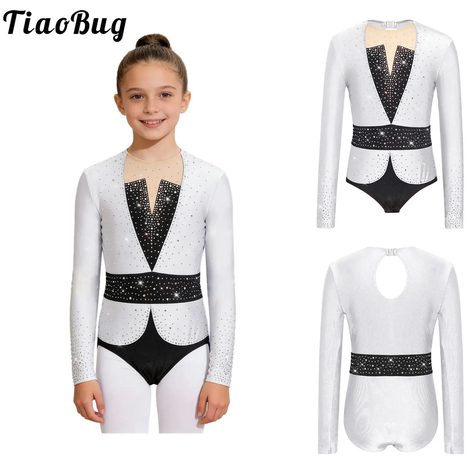 Kids Girls Shiny Rhinestones Gymnastics Ballet Dance Leotard Long Sleeve Figure Skating Acrobatics Workout Performance Jumpsuit