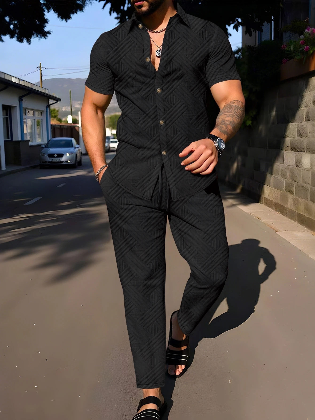 

Men's Summer Streetwear 2 Piece Set, Short Sleeve Button Down Shirt & Long Pants Tracksuit for Vacation & Daily Wear