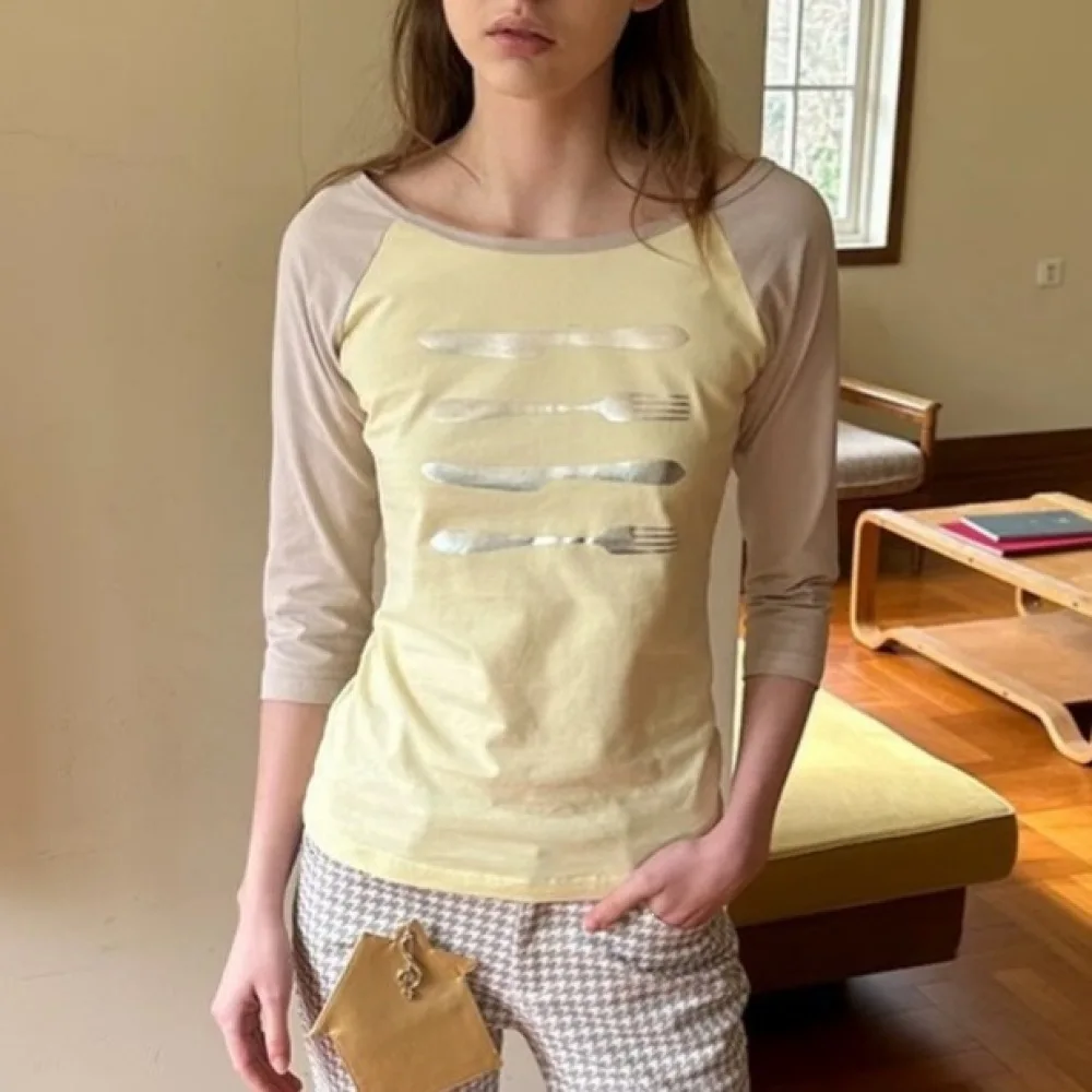 Retro Y2K Women's Raglan T-Shirt Metallic Fork Knife Graphic 3/4 Sleeve Off-Shoulder Slim Fit Casual Aesthetic Daily Top
