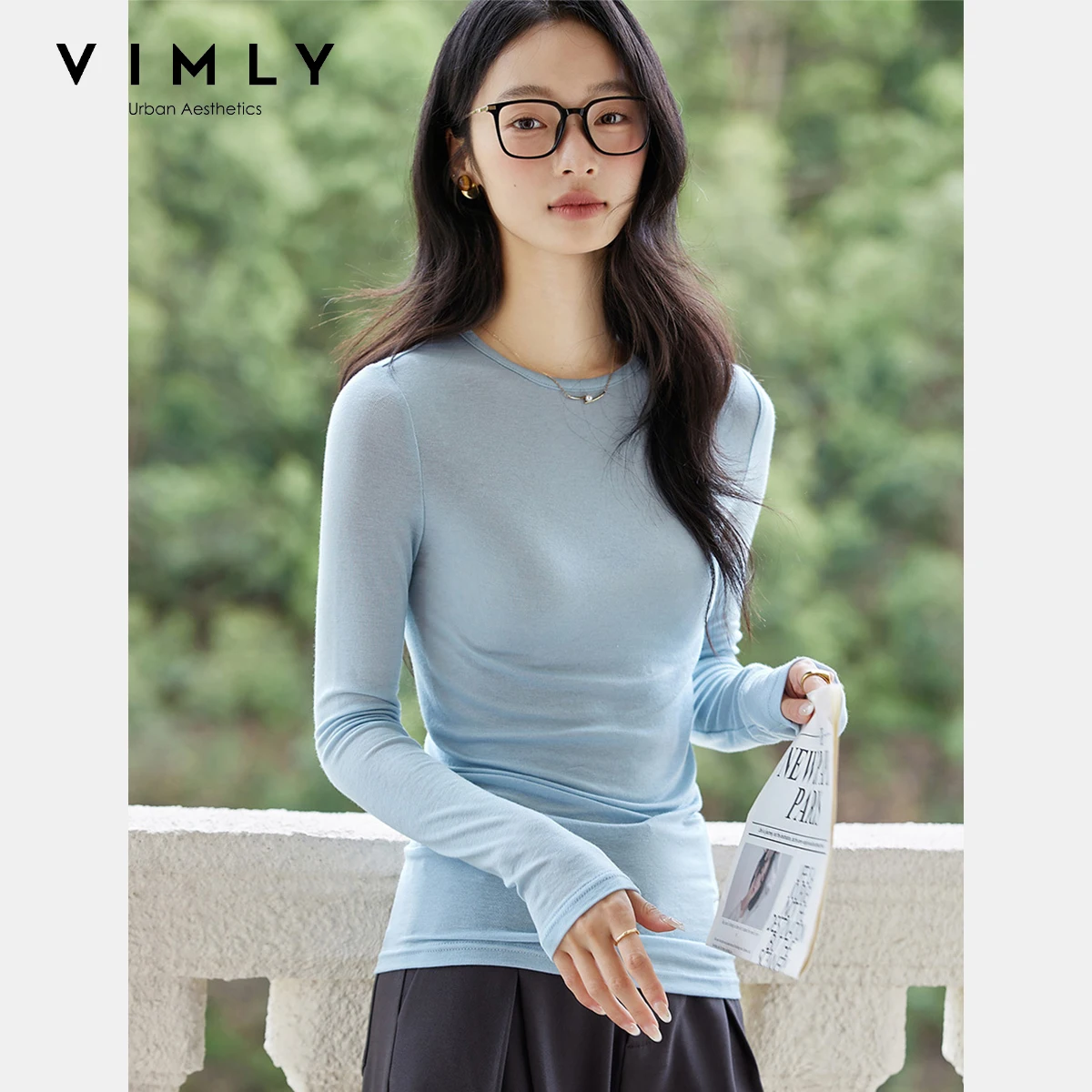 

VIMLY Solid Long Sleeve T-shirt Autumn Women’s 2025 Casual Round Neck Knitted Slim Fitting Female Tops Ladies Clothes A2170