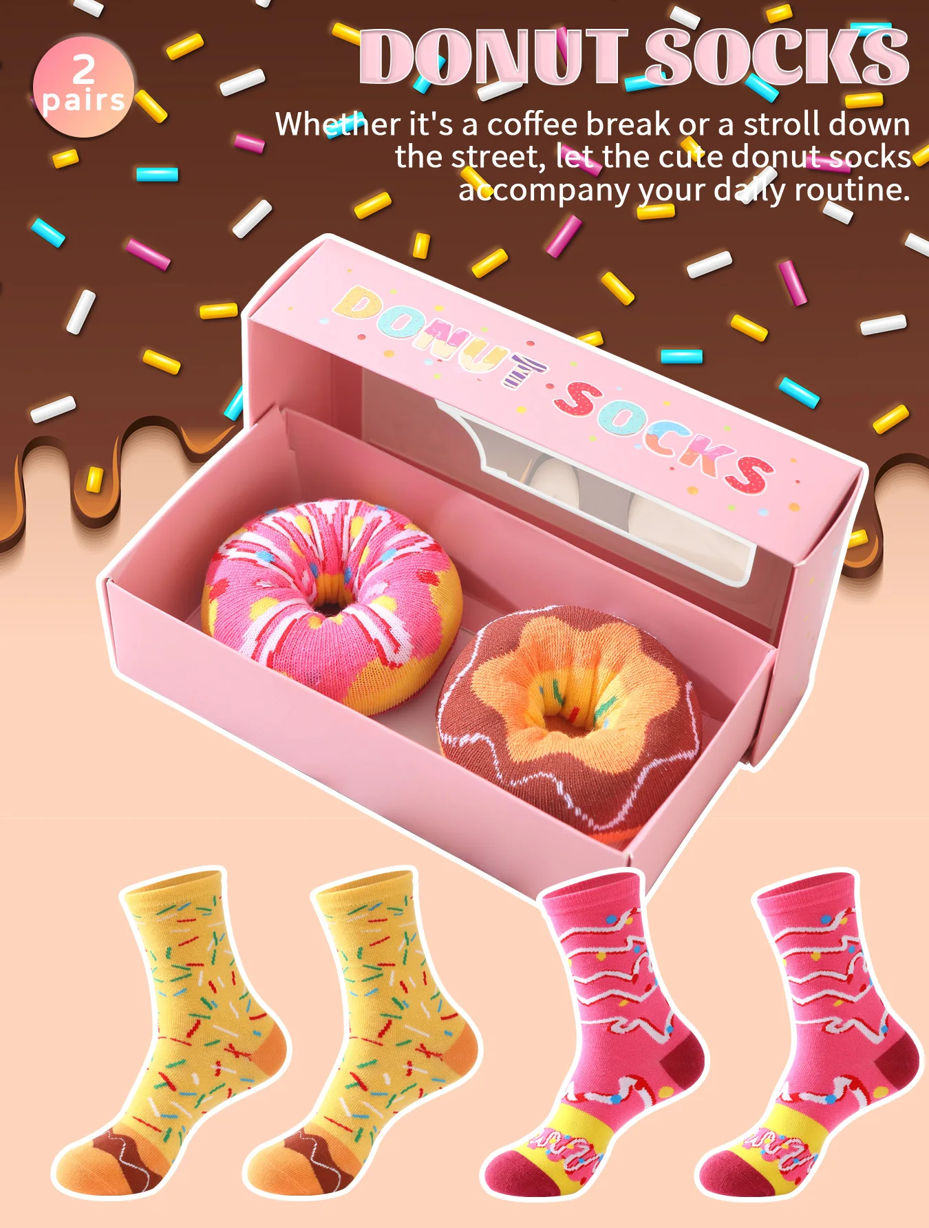 2 Pairs of Mid-Calf Men's Socks, Novelty and Interesting, Colorful Donut Gift Box Socks, Fashionable Style, Comfortable and Breathable, Suitable for Friends and Lovers, Party Casual Novelty Gifts for Valentine's Day, Christmas and New Year, Same Style for Men and Women, Autumn and Winter Style, Cute and Interesting Socks for All Seasons