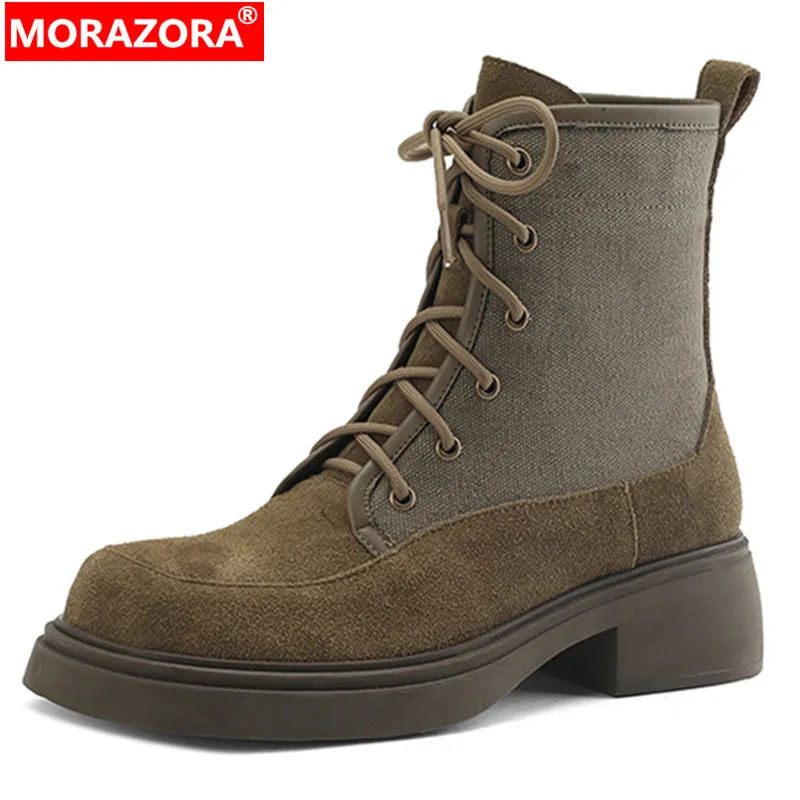 

MORAZORA 2024 New Mixed Colors Cow Suede Women Boots Ladies Platform Thick Med Heels Shoes Autumn Winter Narrow Band Ankle Boots