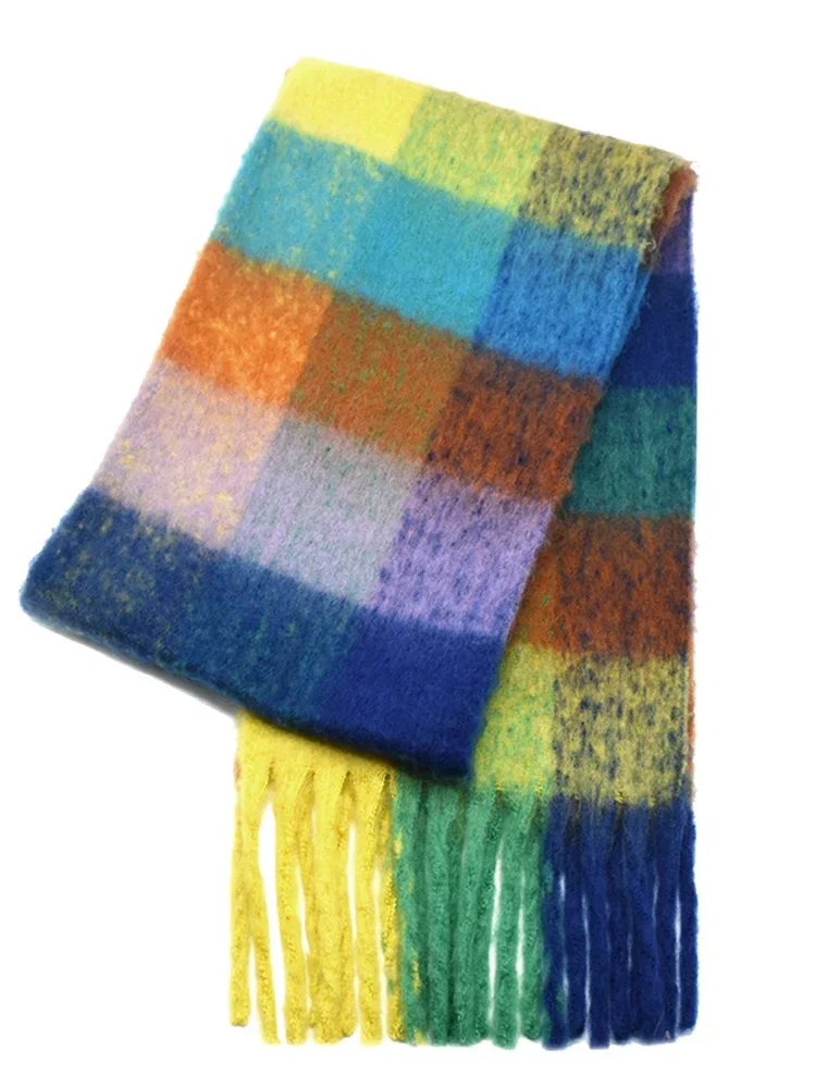 

Marshmallow Rainbow Plaid Scarf For Women Long Vintage Tassel Shawl Warm Soft Thickened Scarf Women's Scarf Rainbow Large Shawl