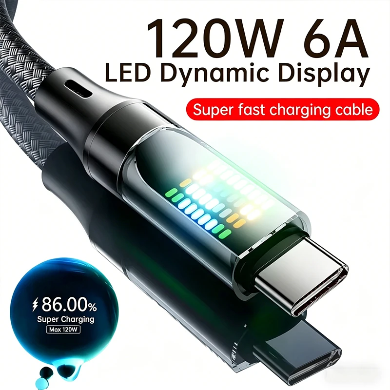 120W Typ-C Schnellladekabel 6A USB-A auf Typ-C Nylon-Datenkabel für Xiaomi Samsung Mit LED-Anzeige USB-C-Kabel