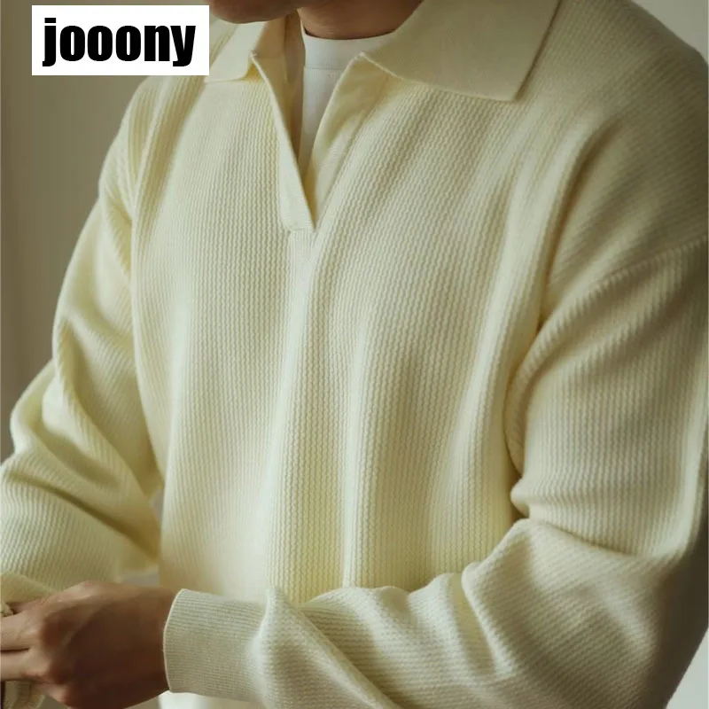 남성용 빈티지 니트 폴로 셔츠, 단색 상의, 캐주얼 스웨터, 긴팔 턴다운 칼라, 점퍼 상의, 가을