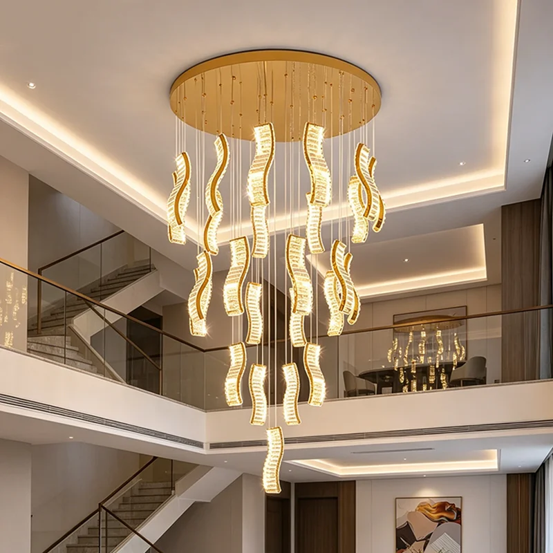 Staircase Pendant Light Villa Duplex Crystal Chandelier Light Luxury High Ceiling Split Level Lamp Home Decor Bedroom Changeable