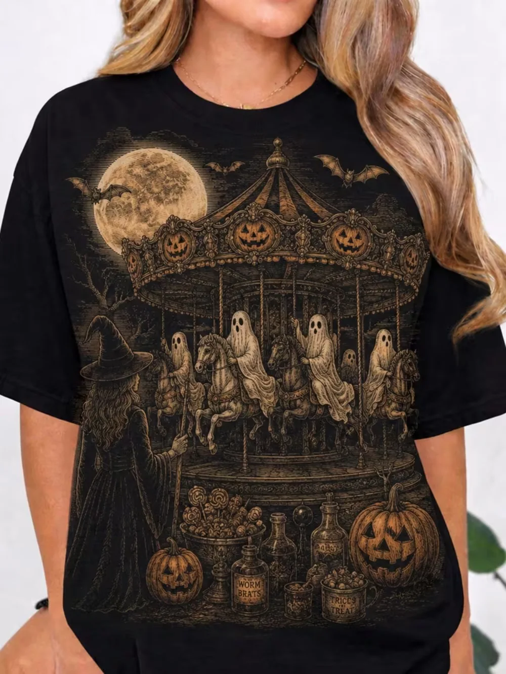 Vintage Halloween Shirt Women Haunted Carnival Graphic T Shirt Ghost Pumpkin Witch Spooky Season Gothic Casual Top