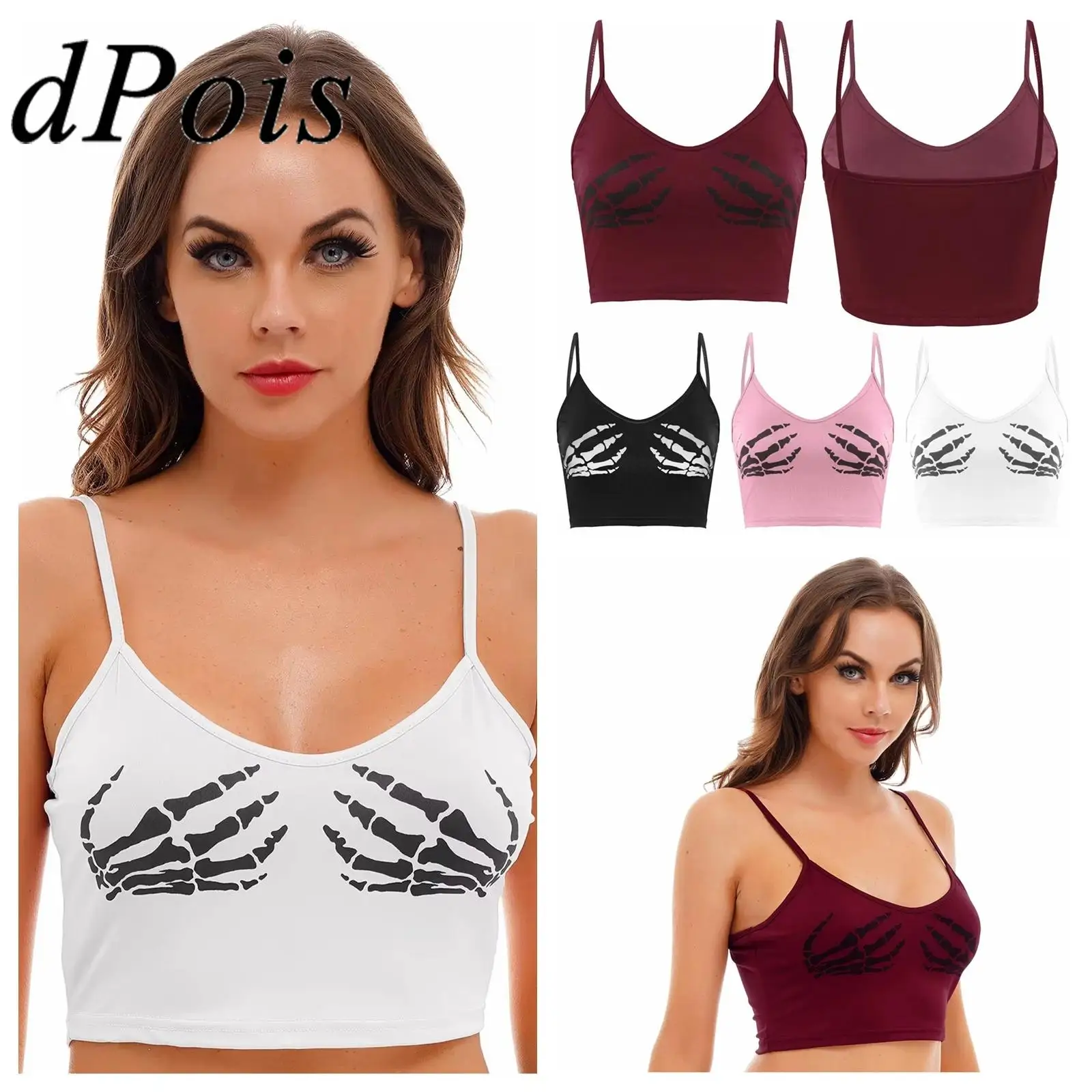 

Sexy Women's Tops Human Skeleton Skull Hand Printed Femme Camis Black Sleeveless Tights Vest Crop Top Casual Women's Camisole