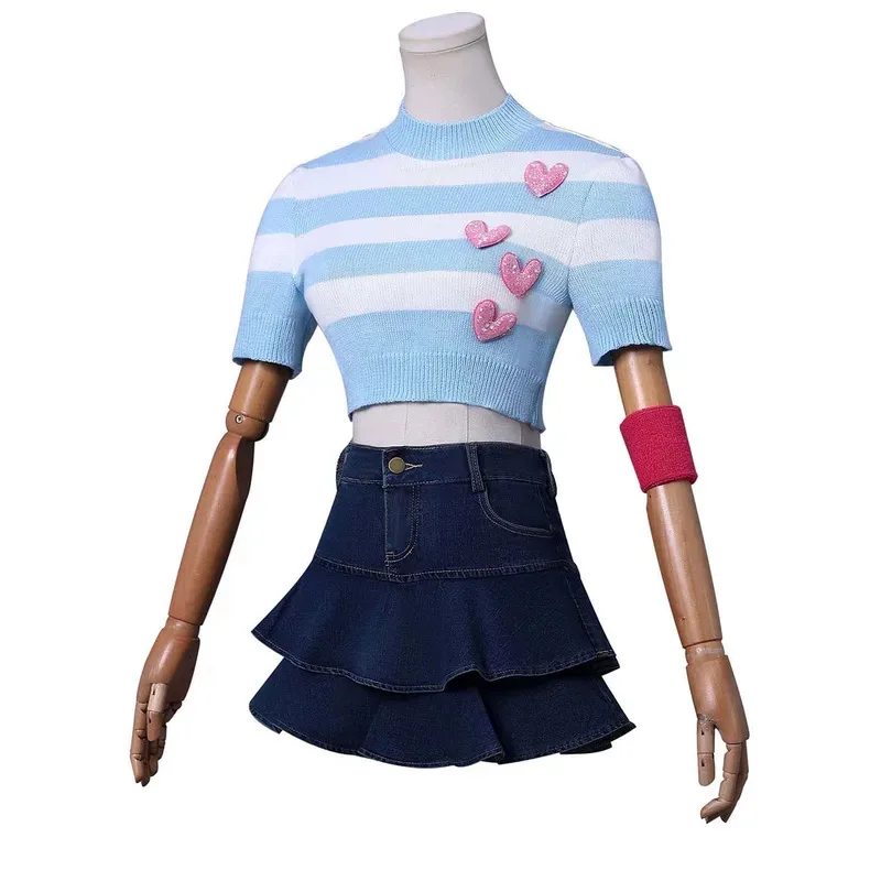 

Women Bloom Clubb Jirai Kei Striped Knitted Heart Sweater Skirt Cosplay Costume lf[5