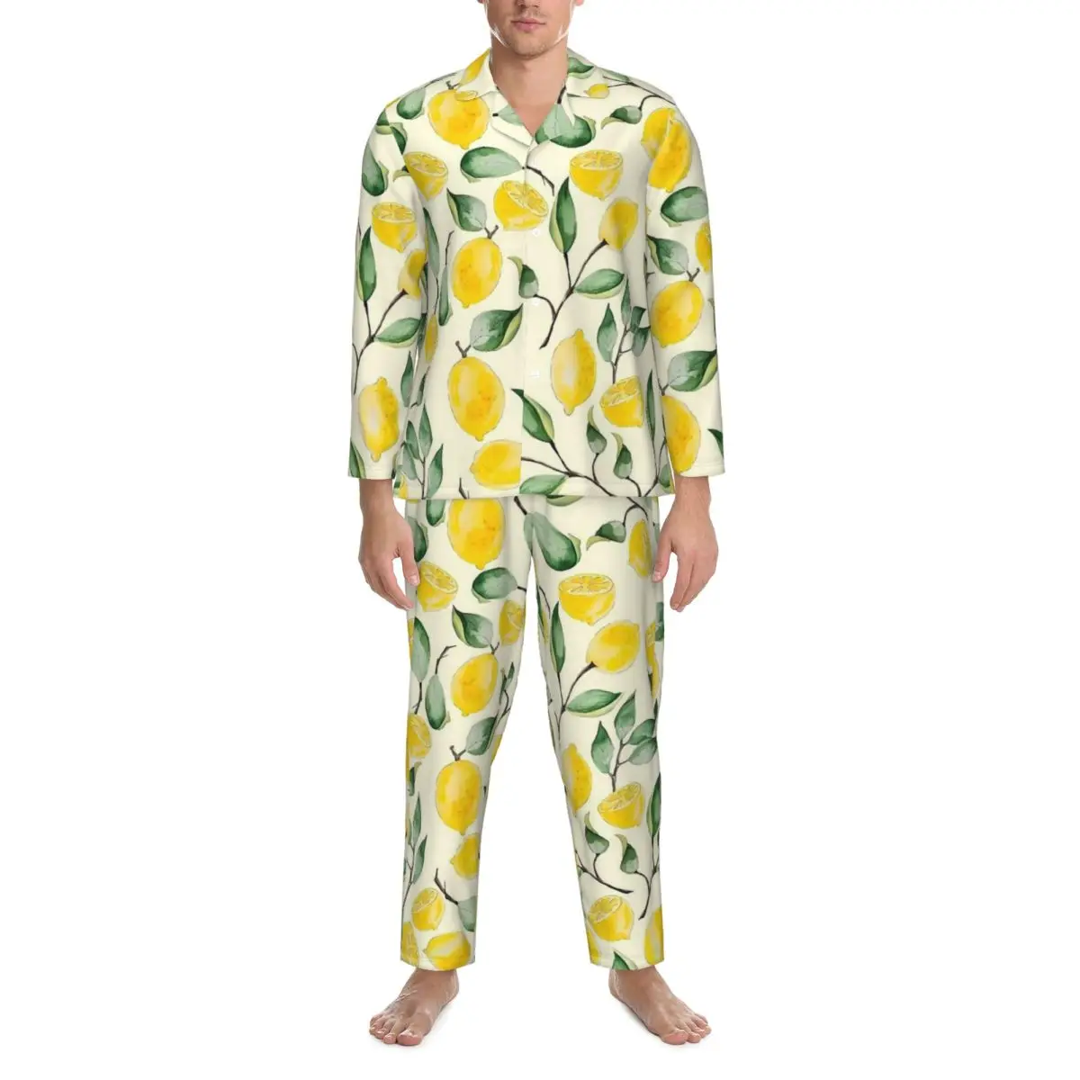 Fruit Print Pajamas Men Watercolor Lemon Kawaii Daily Nightwear Autumn 2 Pieces Retro Oversize Pattern Pajama Set