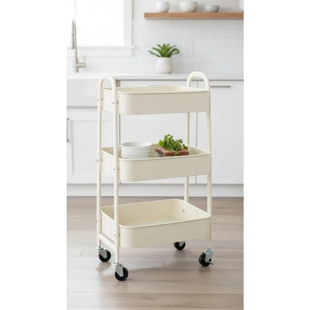 

Movable 3-Tier Rolling Organizer Cart, Metal Utility Cart with Locking Wheels, Beige for Home and Salon