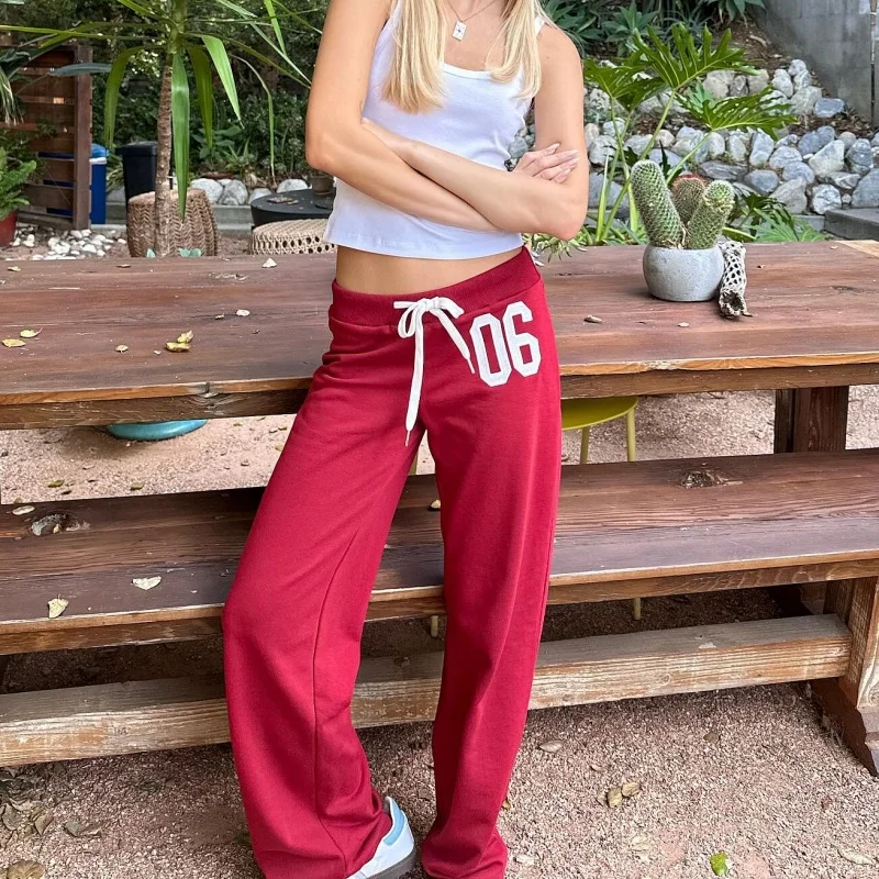 Frauen Kordelzug Low Rise Jogginghose Y2k Gerade Breite Bein Nummer Drucken Jogger Hosen Casual Lounge Track Hosen
