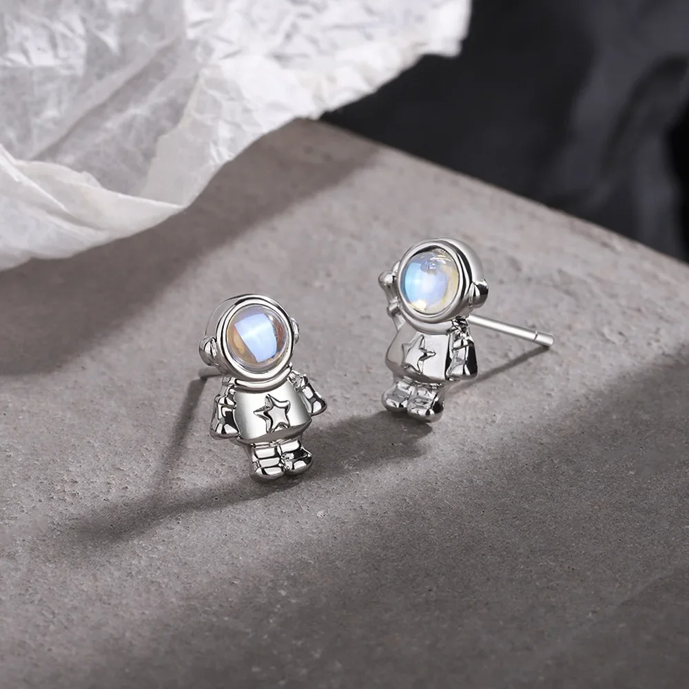 New Silver Plated Female Earrings Asymmetric Cute Space Astronaut Planet Opal Stud Earrings for Women Ear Piercing Jewelry