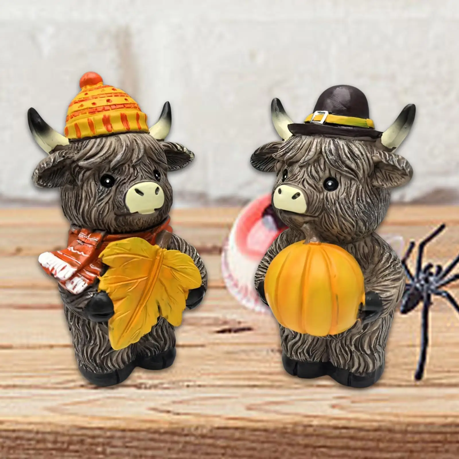 Artificial Animal Sculpture Highland Cow Statue Autumn Theme Resin Decor for Bedroom Office Tea Room Table Centerpiece