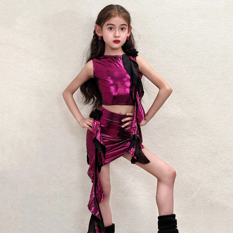 

Костюмы для выступлений в латиноамериканских танцах с лазерным эффектом цвета розовой розы, детские платья для соревнований по танцам, одежда для девочек для танцев ча-ча-ча, одежда для латиноамериканских танцев SL15208