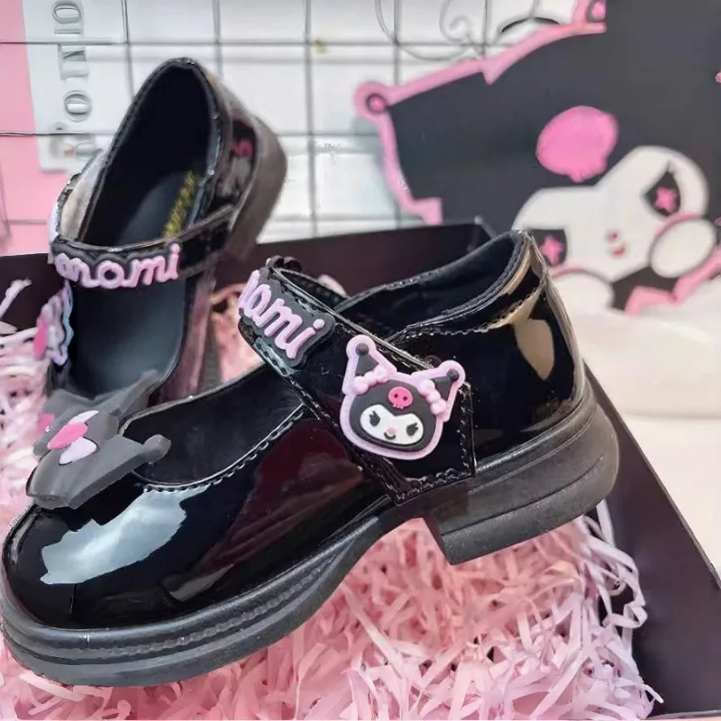 2024 New Sanrio Kuromi Black Lolita Princess Leather Shoes Girls Fashion Soft Sole Kawaii Cartoon Anime Character accessori