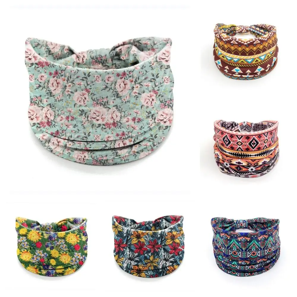 Bohemian Wide Headband Cotton Stretch Nonslip Workout Headwrap Knotted Floral Yoga Sports Sweatband Elastic Turban Headwear