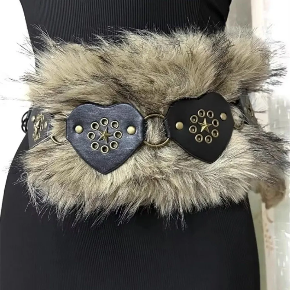 

Fashion Faux Fur Waist Belt PU Leather Patchwork Heart Women Waistband Brown Rivet Belt Waist Accessories