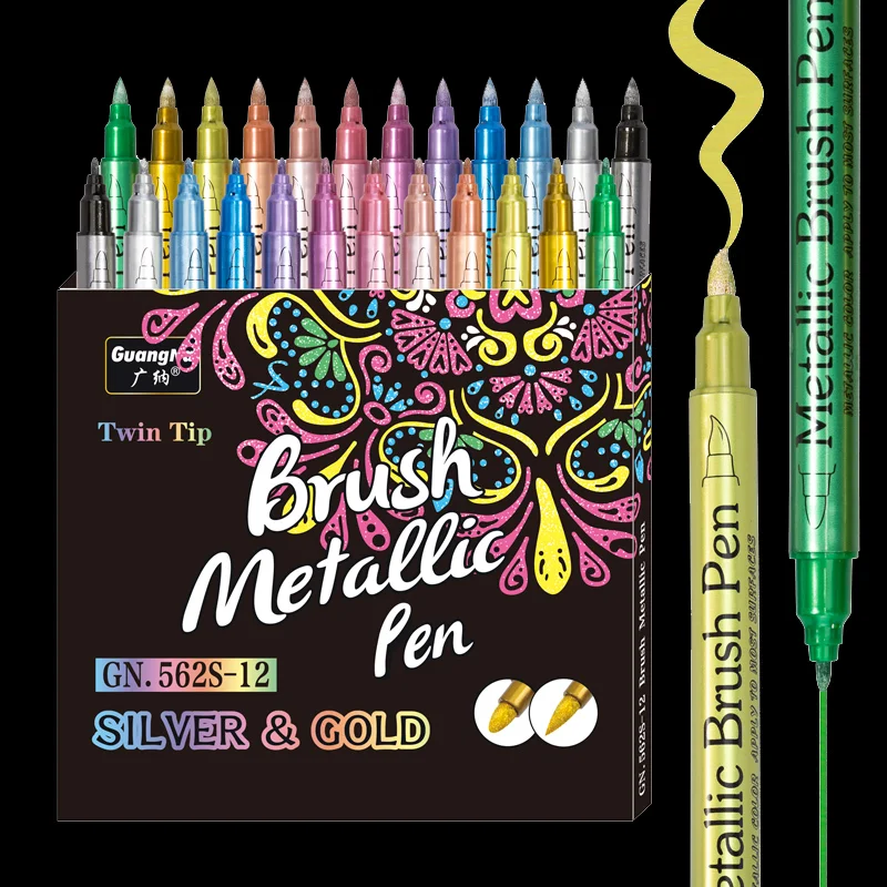 12/24 Colors Brush Tip Metallic Paint Markers for Rock Stone Ceramic Wood Fabric Pebbles Scrapbook Journals&Photo Albums DIY Art