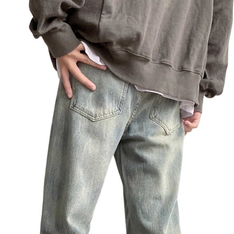 Trendy Vintage Wave Print Tie-dyeing Water-washed Blue Distressed Straight Leg Jeans for Men, American High Street Style