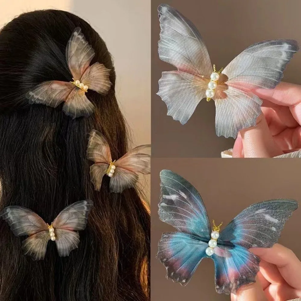 

Sweet Pearl Butterfly Hair Clips Dreamy Mesh Lace Butterfly Hairpins Blue Duckbill Clip Women
