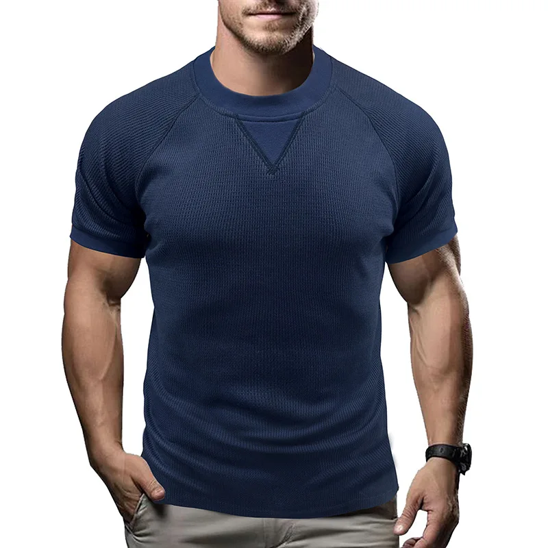 Summer Waffle Crew Neck Short Sleeve T-Shirt Men's Basic Casual Top