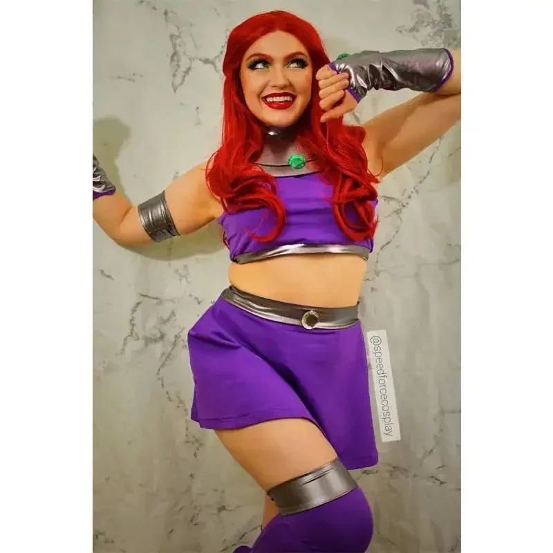 DAZCOS في سن المراهقة تيتان Starfire المرأة زي الأرجواني الأميرة Koriand'r تأثيري حلي الزي الأرجواني مع جوارب بطل البدلة