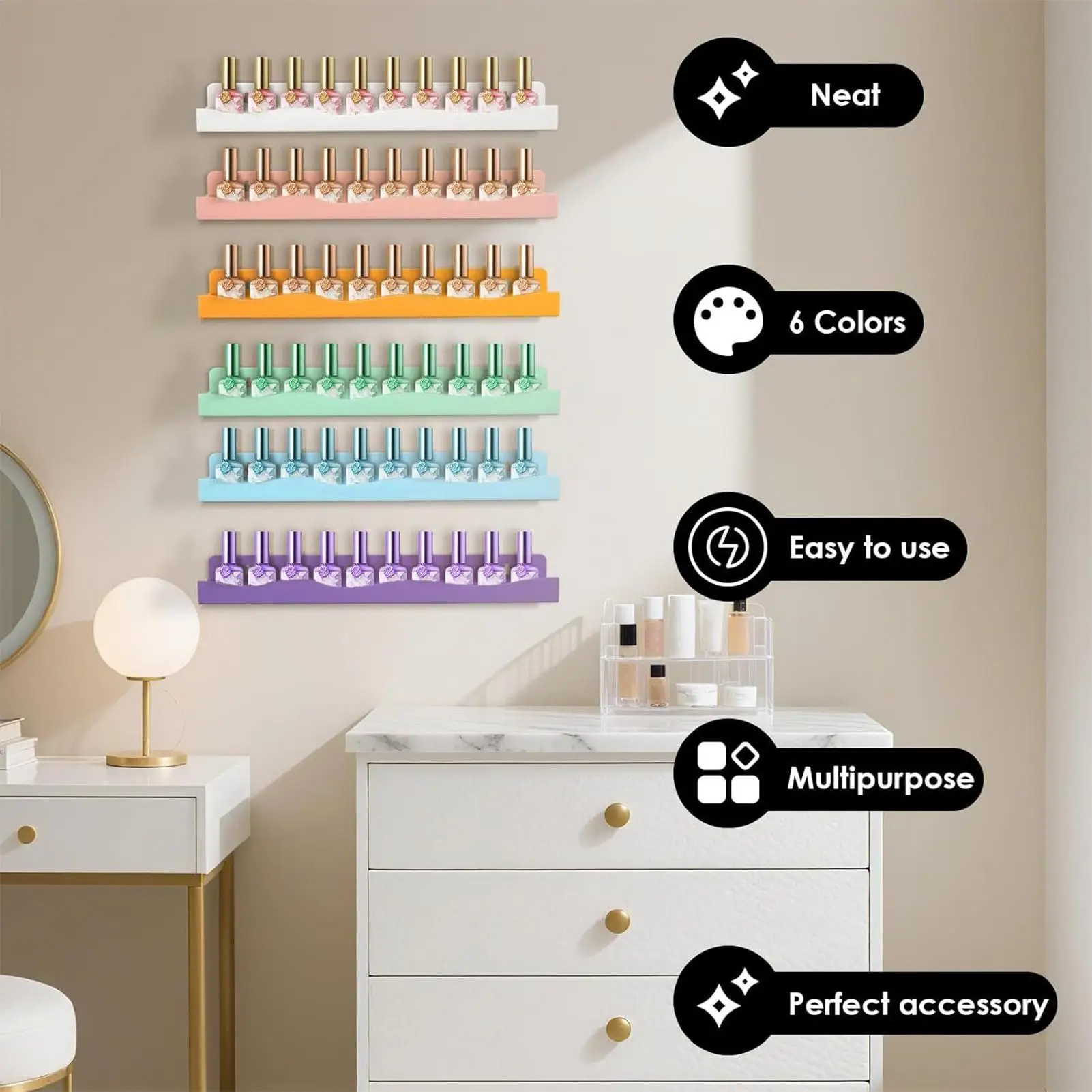 

Органайзер для лака для ногтей, 6 шт., акриловая плавающая стойка для лака для ногтей, настенная для дома, спальни, детского общежития, квартиры, волосы