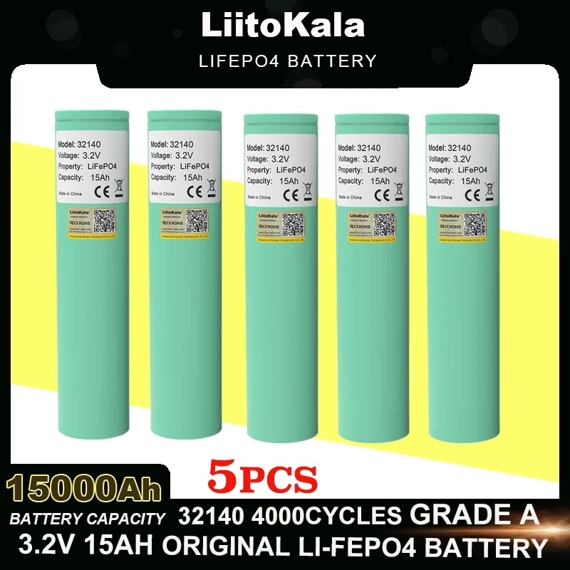 5pcs LiitoKala 3.2V LiFePO4 32140 15Ah Battery pack DIY 4s 12v 24V Inverter Electric Vehicle Travel Camping batteries Grade A