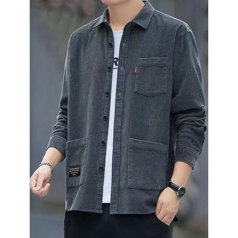 

Trendy Corduroy Men's irt Casual Long Sve Spring Autumn Lightweight Vintage Multiple kets Breathable Comfortable Top