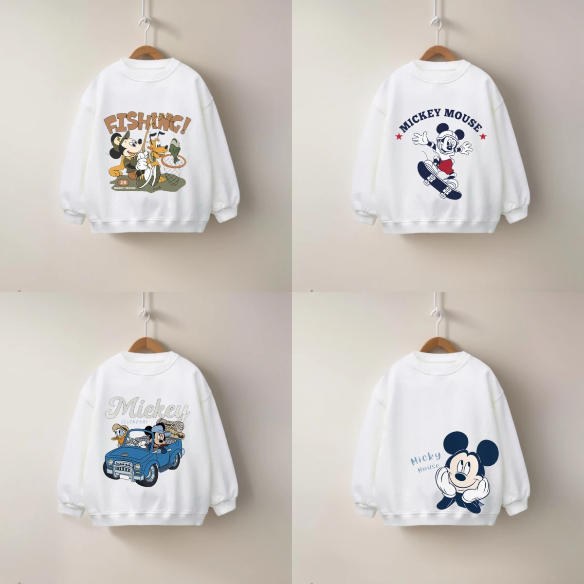 

White Disney Mickey Sweatshirts Skateboard Car Thinking Fishing 4-tyles Prints Children's Clothes Baby Boys Tops And Girls Wear