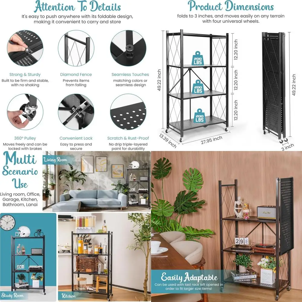 

Sturdy 4-Tier Black Folding Shelf with Locking Wheels for Versatile Storage and Easy Maintenance