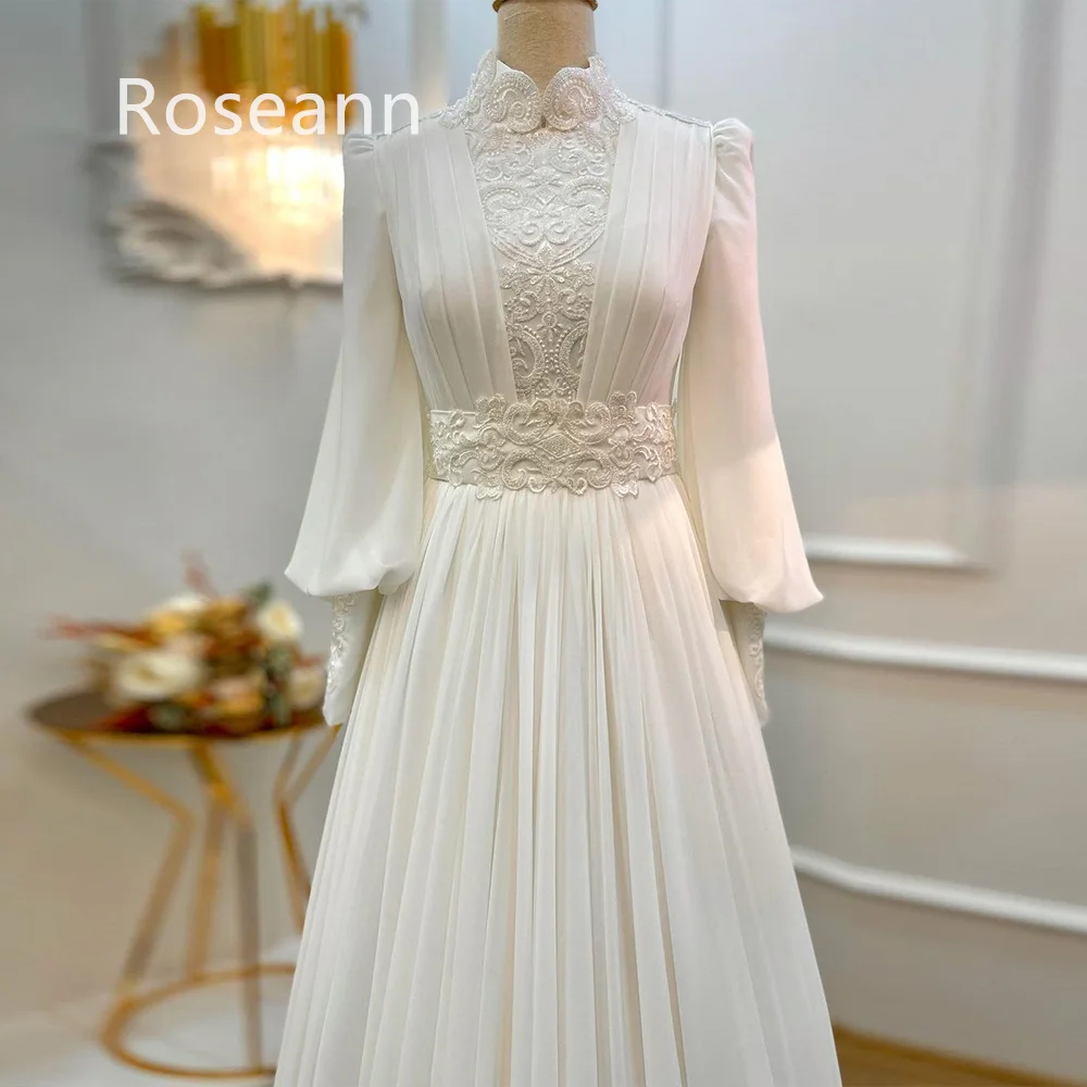 Vestidos de casamento retrô linha A com gola alta, apliques plissados drapeado, vestido de noiva completo, cetim com pérolas, até o chão, túnica muçulmana