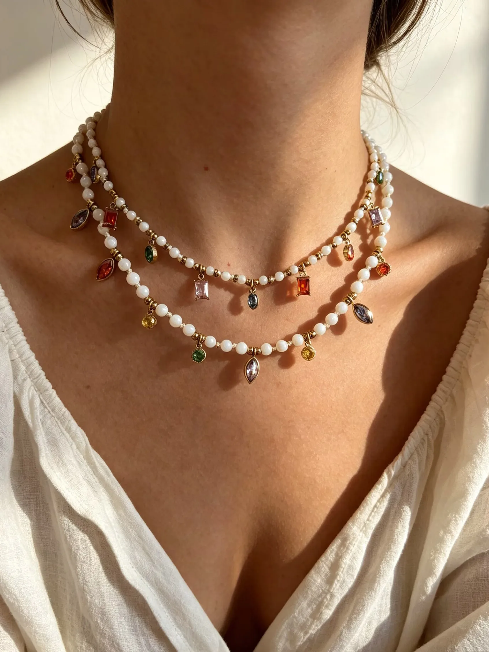 Peri'sbox Stainless Steel Colorful Zircon Pendant Women's Necklace Handmade Bead Stackable Double-Layer Party Wedding Jewelrys