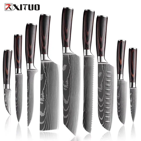 مجموعة سكاكين المطبخ الاحترافية 1-9 قطع، سكين الطاهي الحاد سكين Santoku سكين الفاكهة 7Cr17Mov مقبض خشبي مريح من الفولاذ المقاوم للصدأ