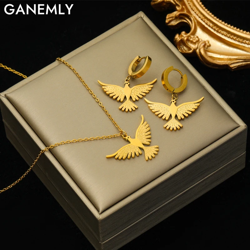 GANEMLY 316L Stainless Steel Gold Color Eagle Phoenix Bird Necklace Earrings Set For Women Trendy Waterproof Jewelry Gift Bijoux