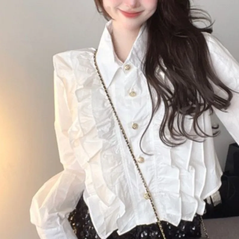 Chic Shirts for Women Turn-down Collar All-match Solid White Elegant Sweet Girls Design Spring Autumn Long Sleeve Korean Style