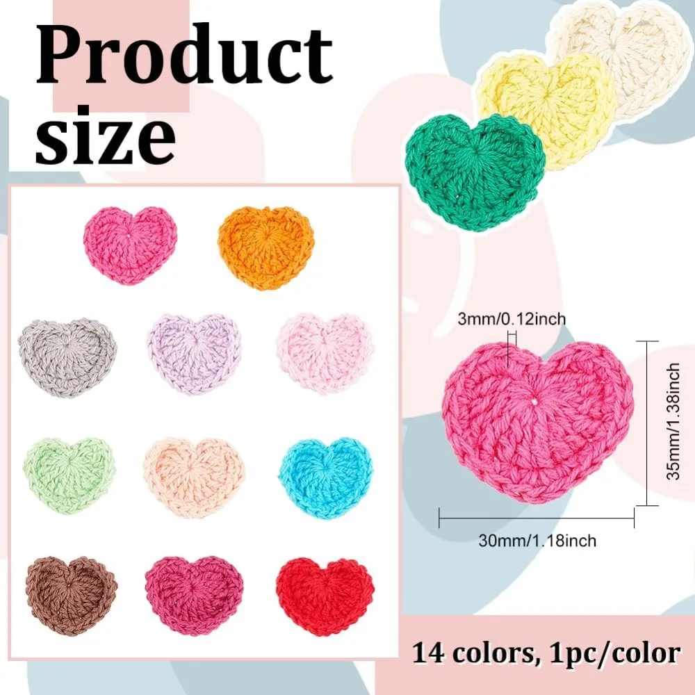 14Pcs Heart Shaped Crochet Applique Patches 1.2x1.3 inch Handmade Yarn Knitted Sew On Cloth Patches Heart Crochet Patches