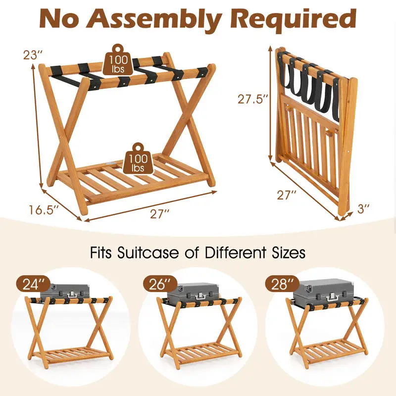 Set of 2 Folding Luggage Racks with 5 Nylon Straps and Slatted Storage Shelf